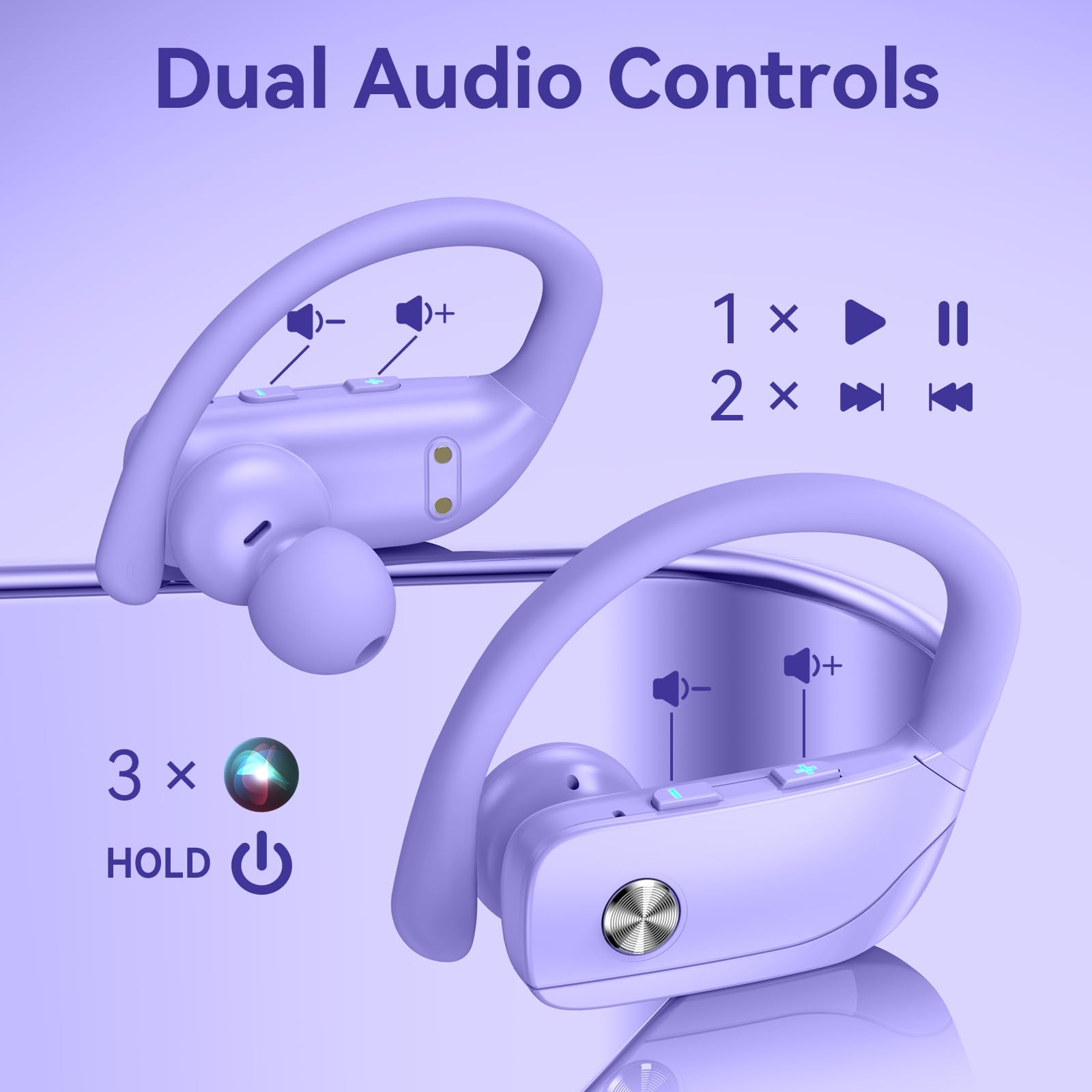 bmani Ear Buds Wireless Earbuds Bluetooth Headphones with 80H Playtime LED Display Case, Over-Ear Hook with Mic, Stereo Sound, Easy Button Controls, Sports Earphones for Running Workout Gym: Purple