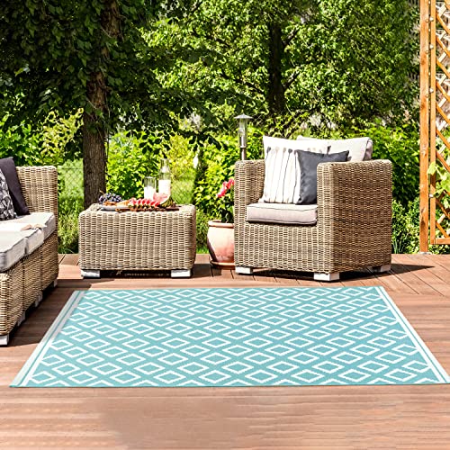 mysmartbuy.com Diamond Pattern Patio Rug Teal 80 x 150cm – 2.5 x 5ft Weatherproof, Rot, Mould & Mildew Resistant Indoor Outdoor Geometric Design Mat for Garden Decking, Patios, Conservatory, Picnics