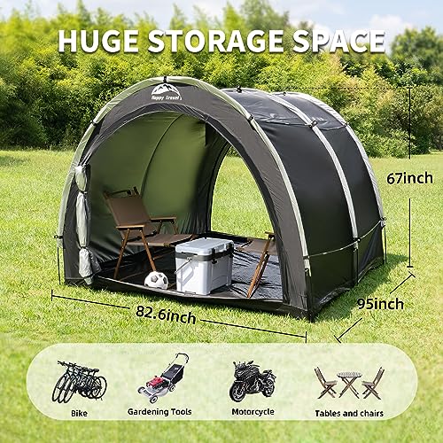Happy Travel Outdoor-Schuppen, 2,4 m x 2,1 m, groß, wasserdicht, tragbar, Fahrradschuppen mit Doppeltüren und Netzen, leichter Rasenmäher, Gartengeräte, Unterschlupf für Terrassenmöbel, Fahrrad, – Bild 3