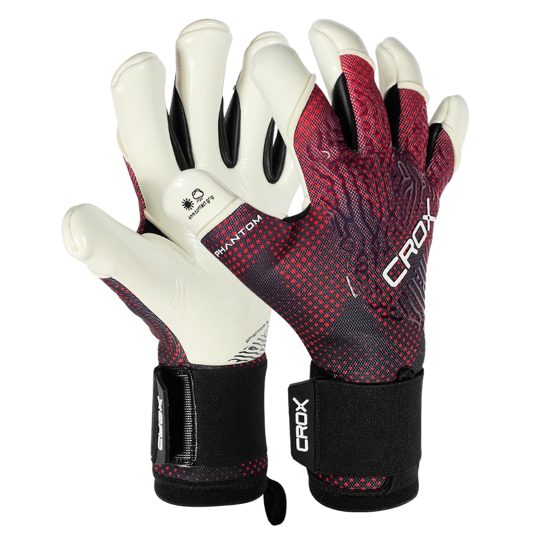 CROX Goalkeeper Gloves German Latex Football Gloves Negative Cut Goalie Gloves with Non Finger Sticks Goalkeeping GK Gloves for Match & Training Sizes 6-11 (Phantom Red, SIZE 8, Ambidextrous)