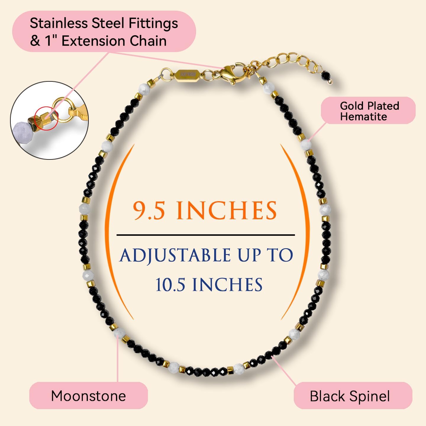 Morchic Adjustable Anklet for Women. Colorful Natural Gemstone Foot Chain Jewelry Summer Beach 2mm Tiny Beads 9.5" - Image 2