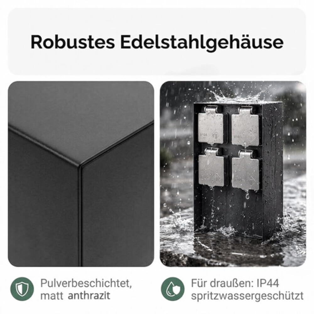 LED Universum Gartensteckdose 4-fach, Steckdosensäule aus Edelstahl, anthrazit, IP44 spritzwassergeschützt, 3680 W Gesamtleistung, kompakt 70 x 143 x 230 mm, Federklappdeckel für außen