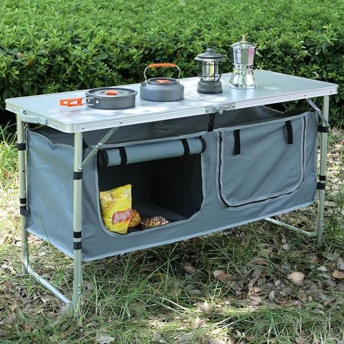 Outdoor Folding Table, Camping Table with Storage Organizer, Portable Aluminum Composite Panel Lightweight Table, 3 Adjustable Height, for Indoor, BBQ, Party, Picnic, Camping, Hiking, Beach
