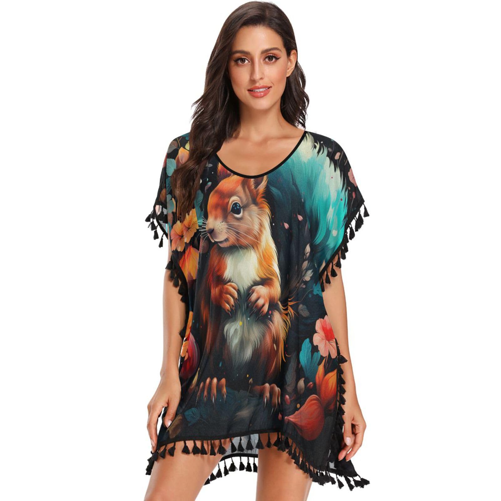 Watercolor Art Squirrel Women's Beach Cover Up Chiffon Tassel Swimwear Swimsuit Coverups for Girl