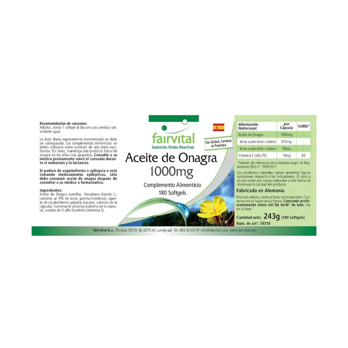 fairvital Nachtkerzenöl 1000 mg, 180 Softgels, Omega-6-Fettsäuren, 65% Linolsäure & 9% Gamma-Linolensäure, Für 1/2 Jahr, qualitätsgeprüft und hochdosiert