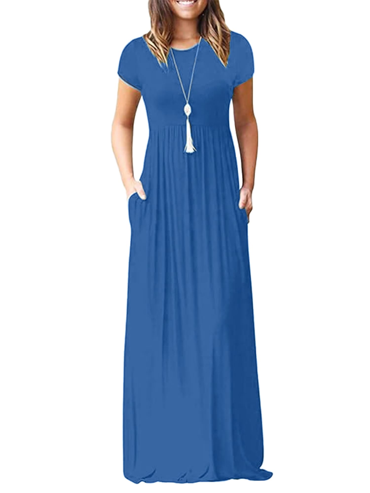 DEARCASE Maxi Dress for Women Short Sleeve Casual Summer Loose Plain Comfy Long Dresses with Pockets