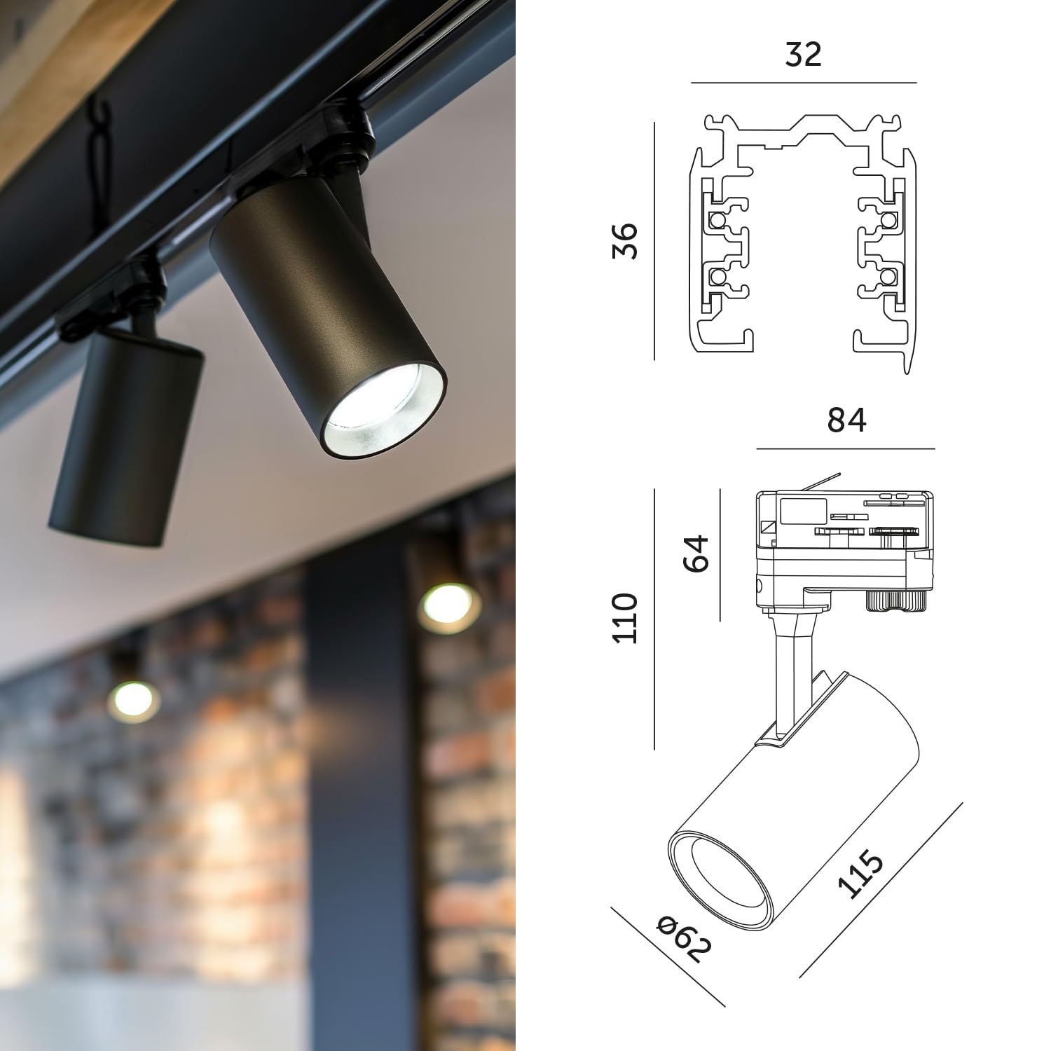 NEXTRACK 3-Phasen-Schienen-Set 2m+2m Schiene Schalter L 8x Lampe 2x Stecker SCHWARZ