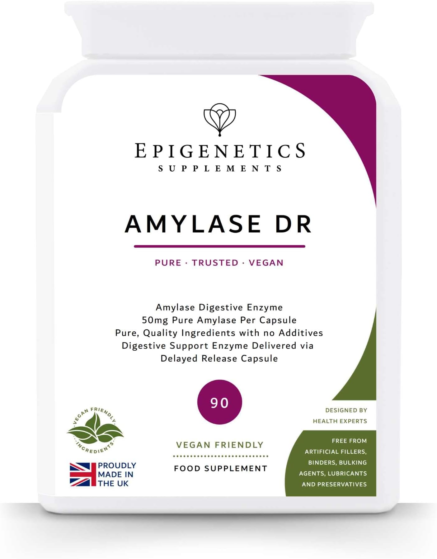 Amylase Delayed Release (DR) 50mg of Digestive Support Enzymes | 90 Vegan Friendly Capsules UK Made | Long 3 Month Supply by Epigenetics Supplements