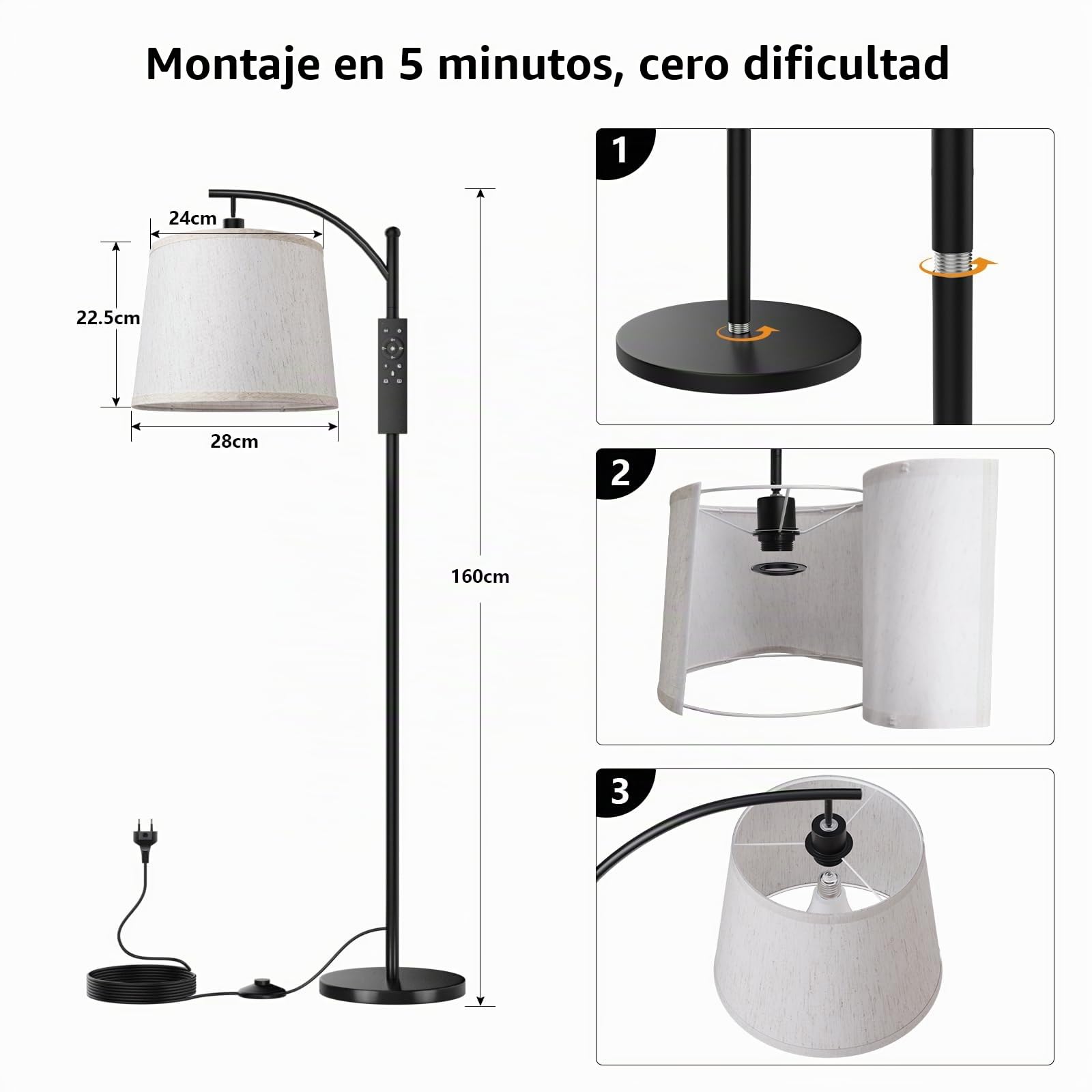 Lámpara de Pie para Salón, Lámpara de Pie Led con Control Remoto, Interruptor de Pie, 3 Temperaturas de Color, Adecuada para Salón, Dormitorio y Oficina