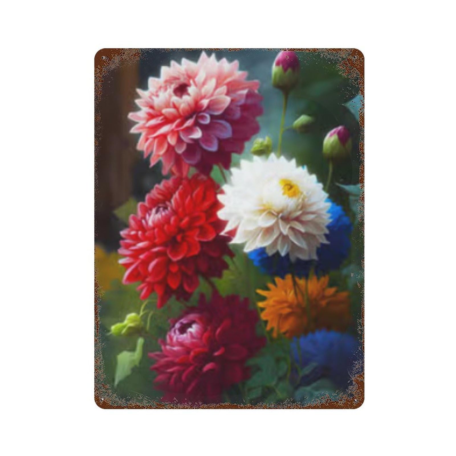 Colorful Dahlia Bouquet 15.7"x11.8" Vintage Rust Metal Sign, Novelty Wall Decor for Living Room, Hallway And Home Decor
