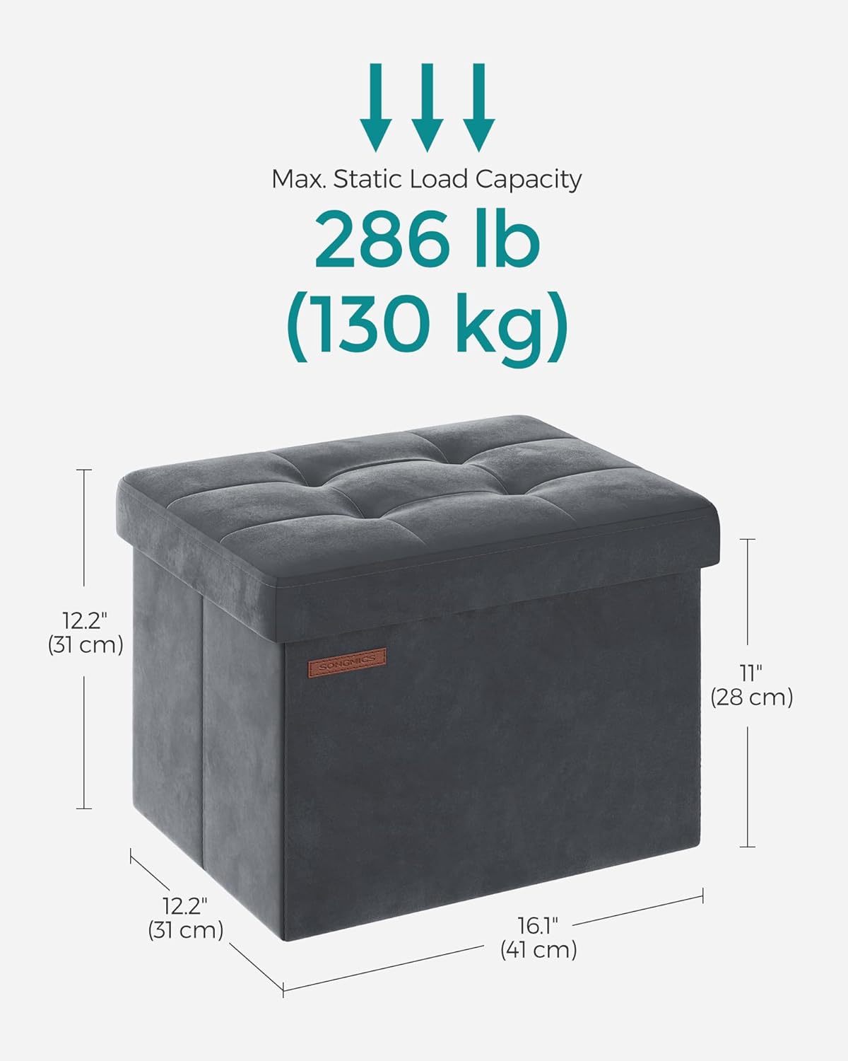 SONGMICS Storage Ottoman, Foldable Small Ottoman Foot Rest, 12.2 x 16.1 Inches Foot Stool, Load up to 286 lb, for Living Room, Bedroom, Dorm, Slate Gray ULSF200G01 Slate Gray Velvet