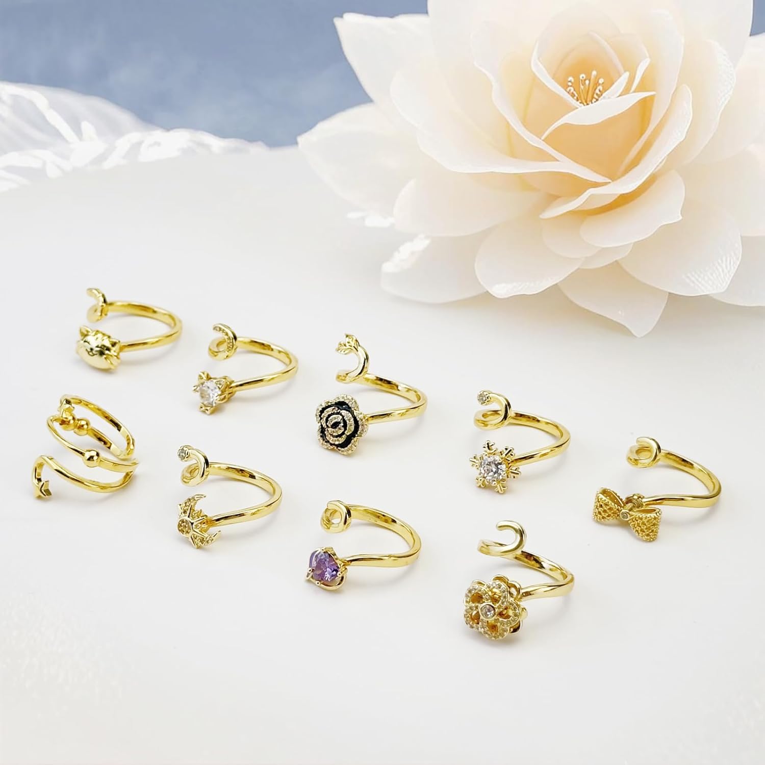 9 Pcs Fidget Rings for Women, Adjustable Spinner Anxiety Ring Set,Open CZ Cat Flower Star Moon Relief Spinning Rings for Adults - Image 5