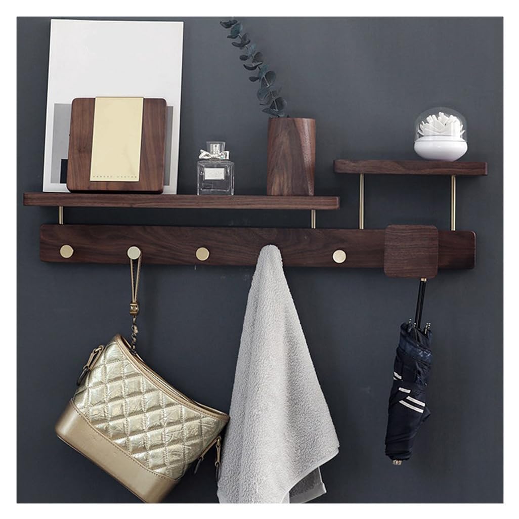 ZHOUXIAO Solid Wood Coat Rack with Shelf Wall Mount, Walnut Wood Coat Hooks Hanger 70cm