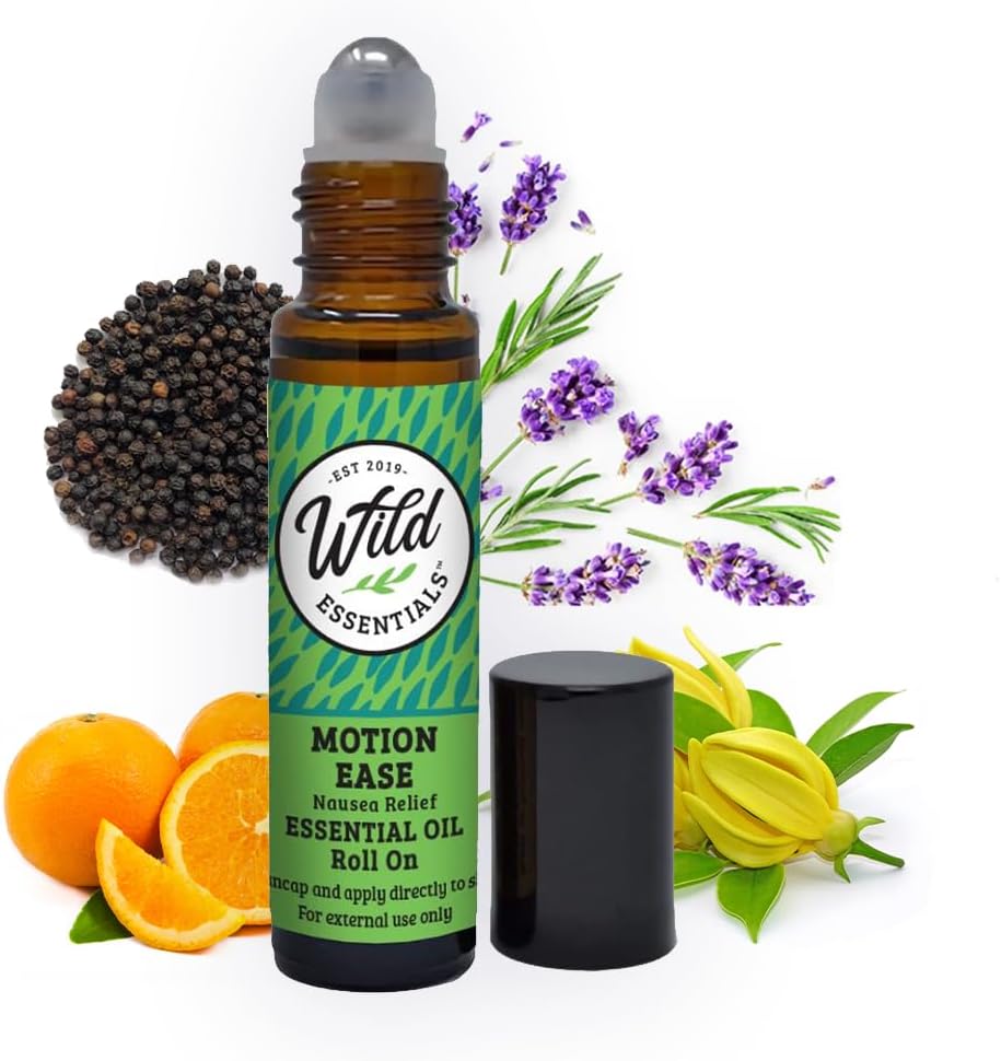 - Wild Essentials Motion Ease Essential Oil Roll On, 10ml Motion Sickness, Nausea, Upset Stomach, Vertigo, Dizzy, Seasick, Carsick, Made with Organic Jojoba Oil, Ready to Use, Moisturizer, All Natural