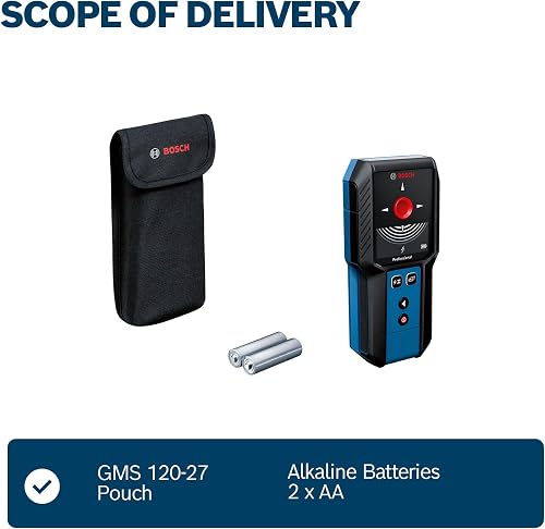 Bosch Professional Ortungsgerät GMS 120-27 (2xAA Batterien, max. Detektionstiefe Nicht-magnetisches Metall/magnetisches Metall/Spannungsführende Leitungen/Holz: 120/100/50/30 mm, Schutztasche) - 6