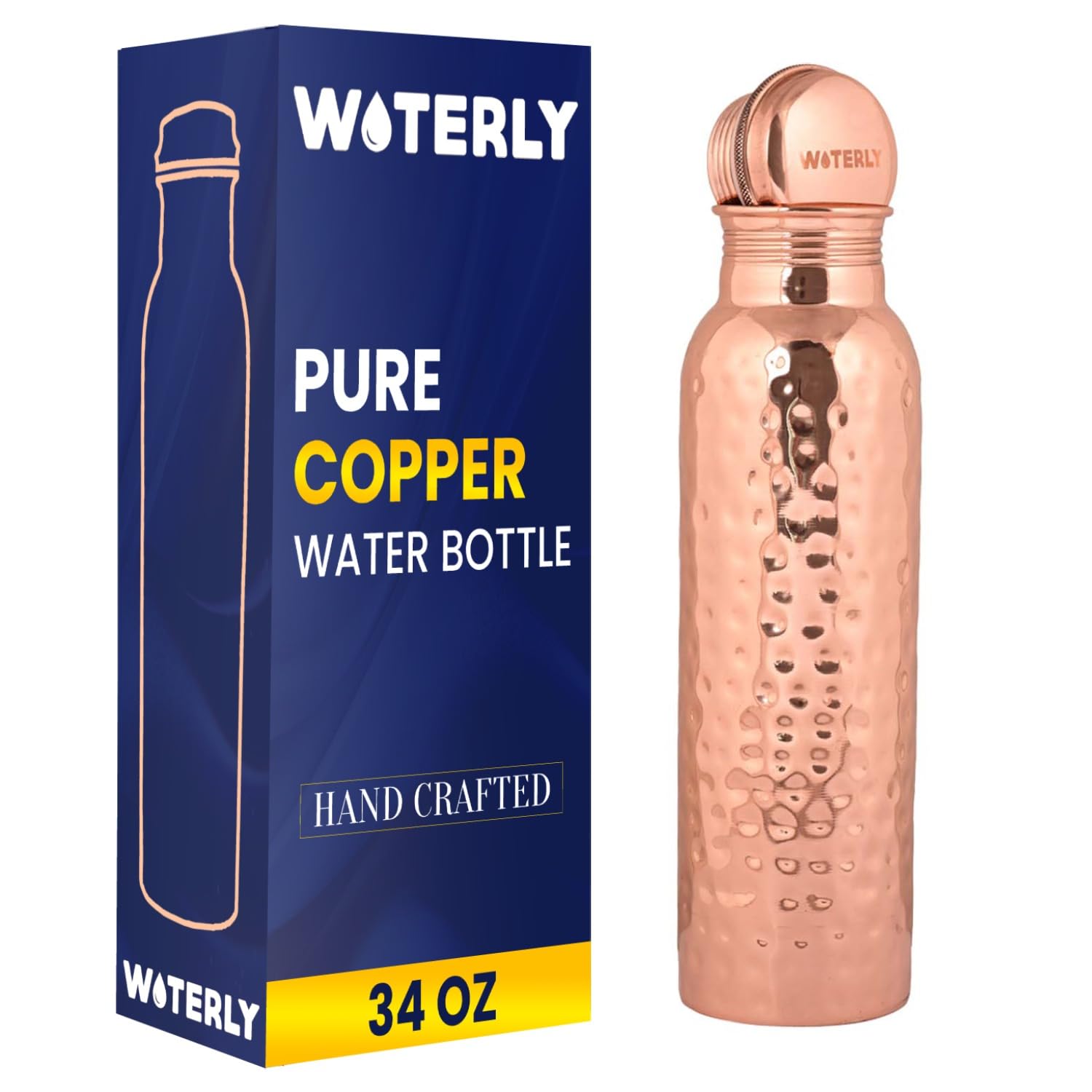 Handgefertigte Gehämmerte Kupferflasche, 1000 ml, Ayurvedische Flasche aus Reinem Kupfer, Ideal für Büro, Fitnessstudio und Geschenke, 100% Schweres Kupfermaterial