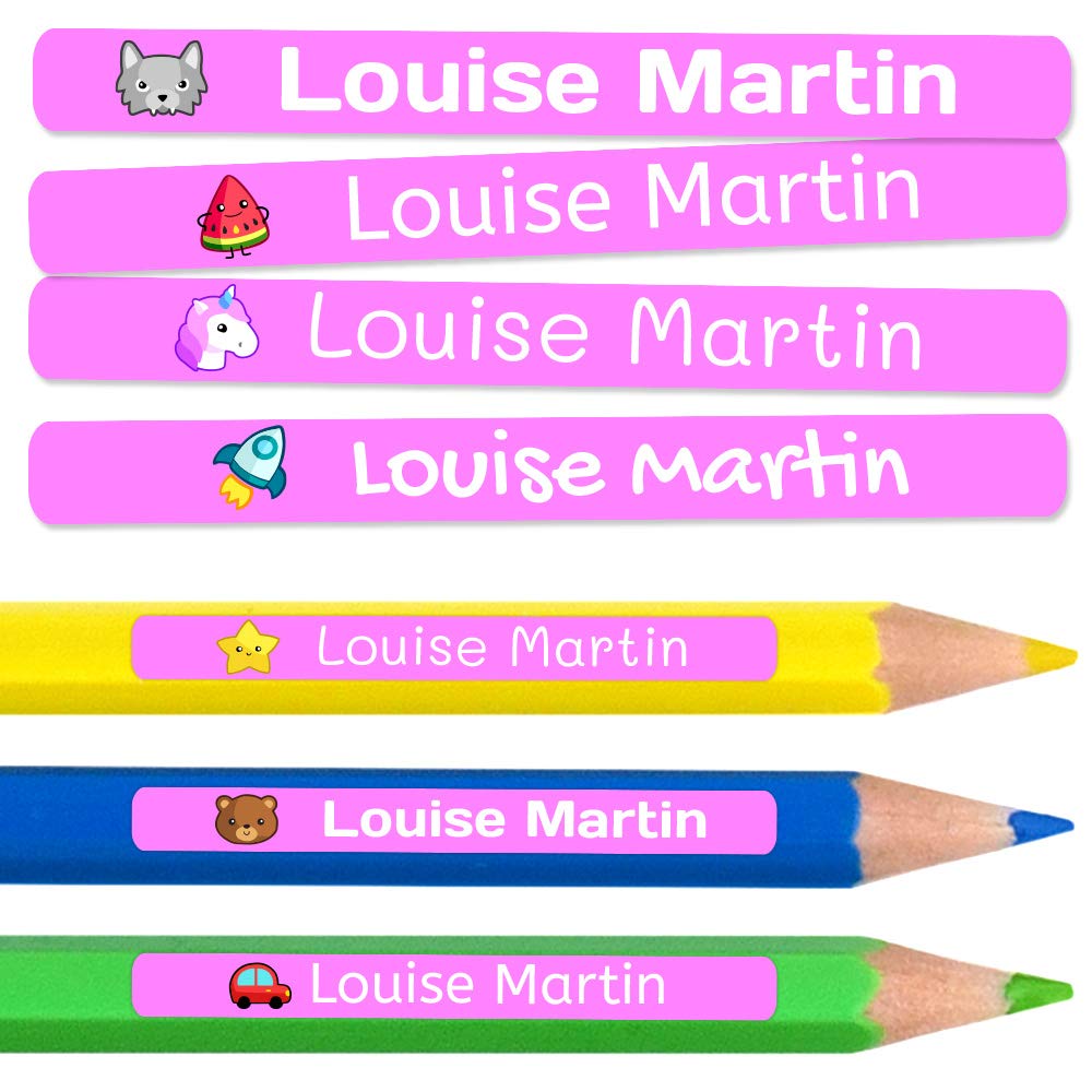 150 Pegatinas personalizadas para la escuela y la guardería. Etiquetas adhesivas de vinilo impermeables de colores para marcar lápices y bolígrafos. Dimensiones 46 x 6 mm