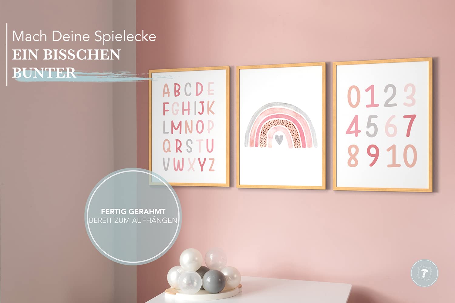 Papierschmiede® Kinderbilder 3er Set Lernposter, A3 gerahmt in Holzrahmen (Natur), Geschenk für Mädchen Kinderzimmer Vorschule| Alphabet Buchstaben, ABC Zahlen Regenbogen rosa