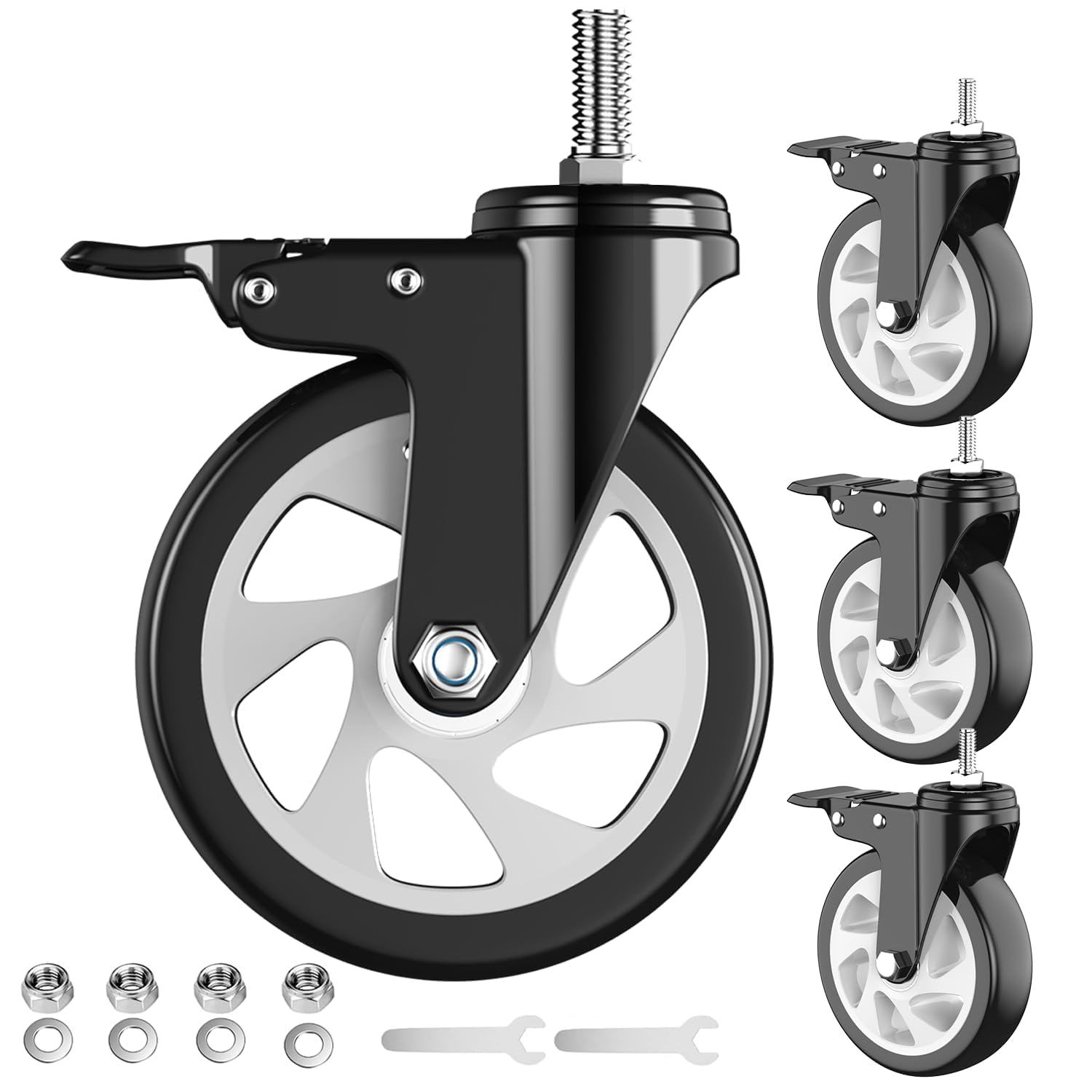 Sohnvwtgd Black+White-1/2"-13X1" 5 Inch Heavy Duty Caster Wheels, Stem Casters Set Of 4, 1/2" -13 X 1 (Stem Diameter 1/2", Stem Length 1"),Locking Swivel Threaded Stem Casters Set Of 4