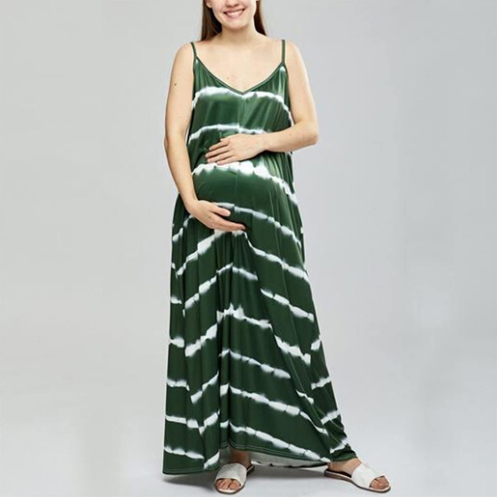 FANFENG Abito da Donna Abiti Senza Maniche A Righe con Scollo A V Abito Lungo da Spiaggia Casual Elegante Abito Lungo con Spalline Elasticizzate Abito Ampio (Color : Green, Size : L/Large)
