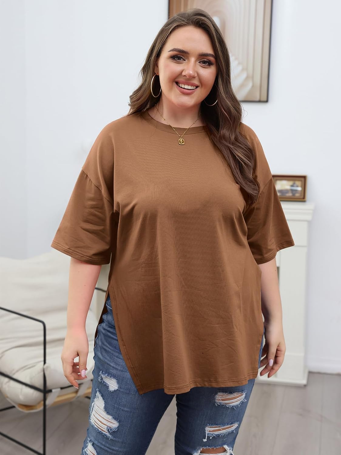 VNIRA Plus Size T Shirt for Women Oversized Cotton Short Sleeve Workout Top Loose Fit Side Split Casual Basic Tunic Top - Image 2