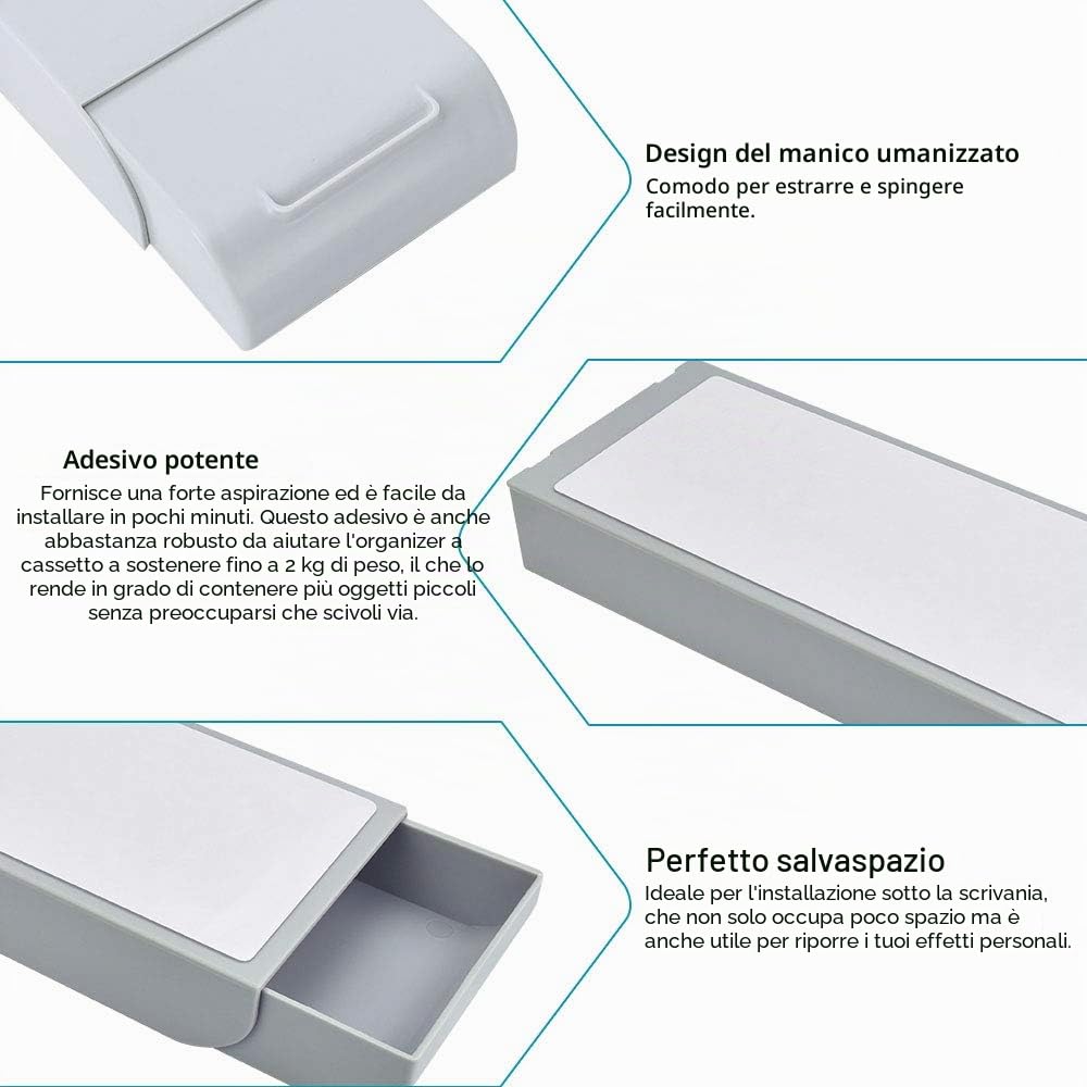 2 cassetti autoadesivi da scrivania sottostruttura grigio Fit Desk cassetto portamatite nascosto sotto plastica organizer da scrivania invisibile per ufficio tavolo