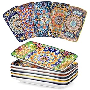 vancasso Simi 9.5 Inch Rectangular Dinner Plates Set of 6 – Bohemian Floral Design in 6 Vibrant Colors, Microwave & Dishwasher Safe Porcelain Plates for Salad, Appetizers, Entertaining