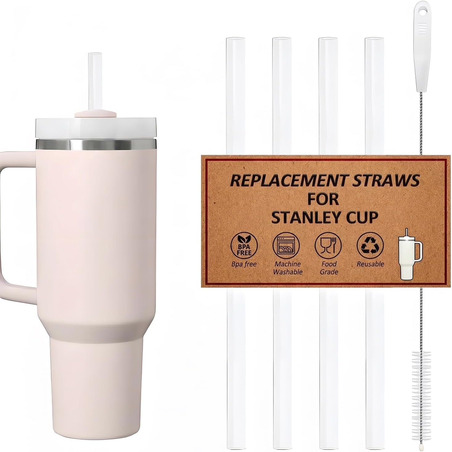 Reusable Straws for Stanley Cup 30oz | 40oz, Replacement Long Straw with 1 Brush for Stanley Cup Accessories，Food Grade & BPA Free, Machine washable（4 pack，30oz, Transparent White）