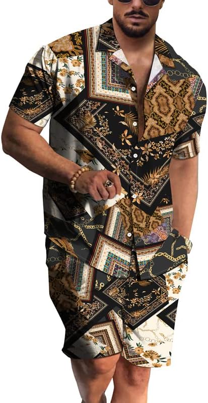 Miniatura 2 de RPOVIG Conjunto de 2 piezas con sombrero de pescador para hombre, camisa a juego, pantalones cortos hawaianos para festivales florales