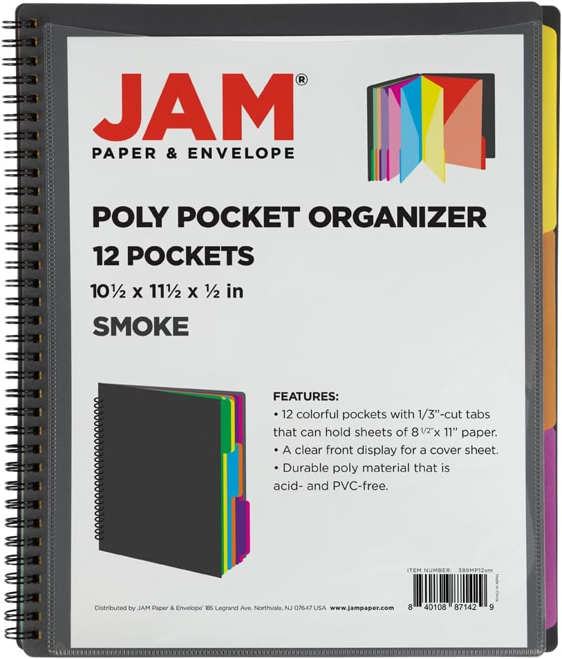 JAM PAPER Plastic Multi Pocket Folder - 12 Pocket Organizer with Zipper Pouch - Smoke Grey with Colorful Tabs - 10 1/2 x 11 1/2 - Sold Individually (Pack of 2)