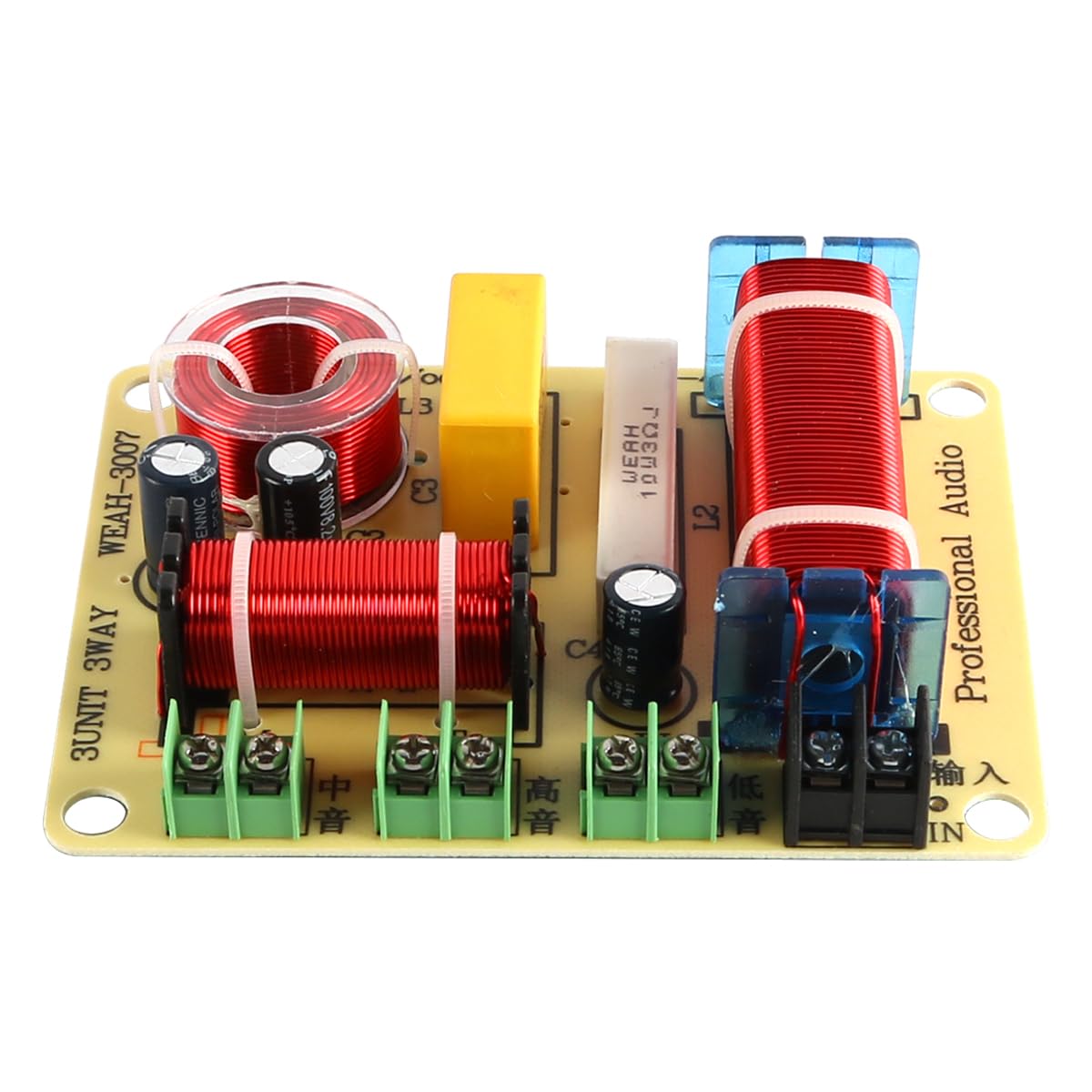 Diviseur de fréquence de haut-parleur à 3 voies 350 W Distributeur de fréquence de croisement HiFi pour modification de haut-parleur domestique DIY (jaune et blanc aléatoire)