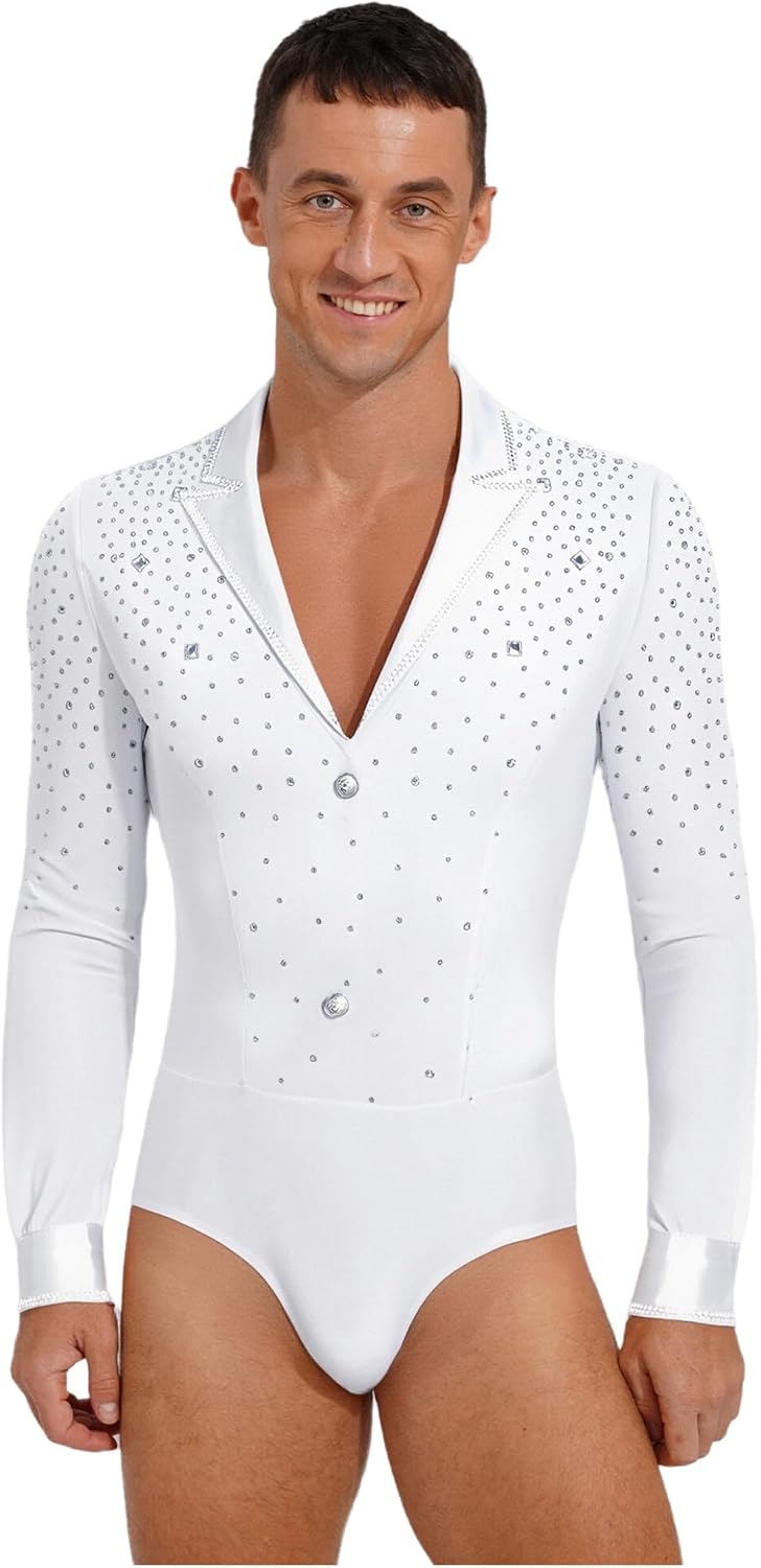 Shinsto Men Glittery Rhinestone Long Sleeve Latin Dance Shirt Ballet Leotard Unitard Ballroom Dancewear
