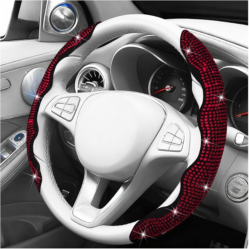 Capa para Volante Automotivo Ywdiml com Strass e Revestimento Antiderrapante Vermelha para Volante de 38 cm