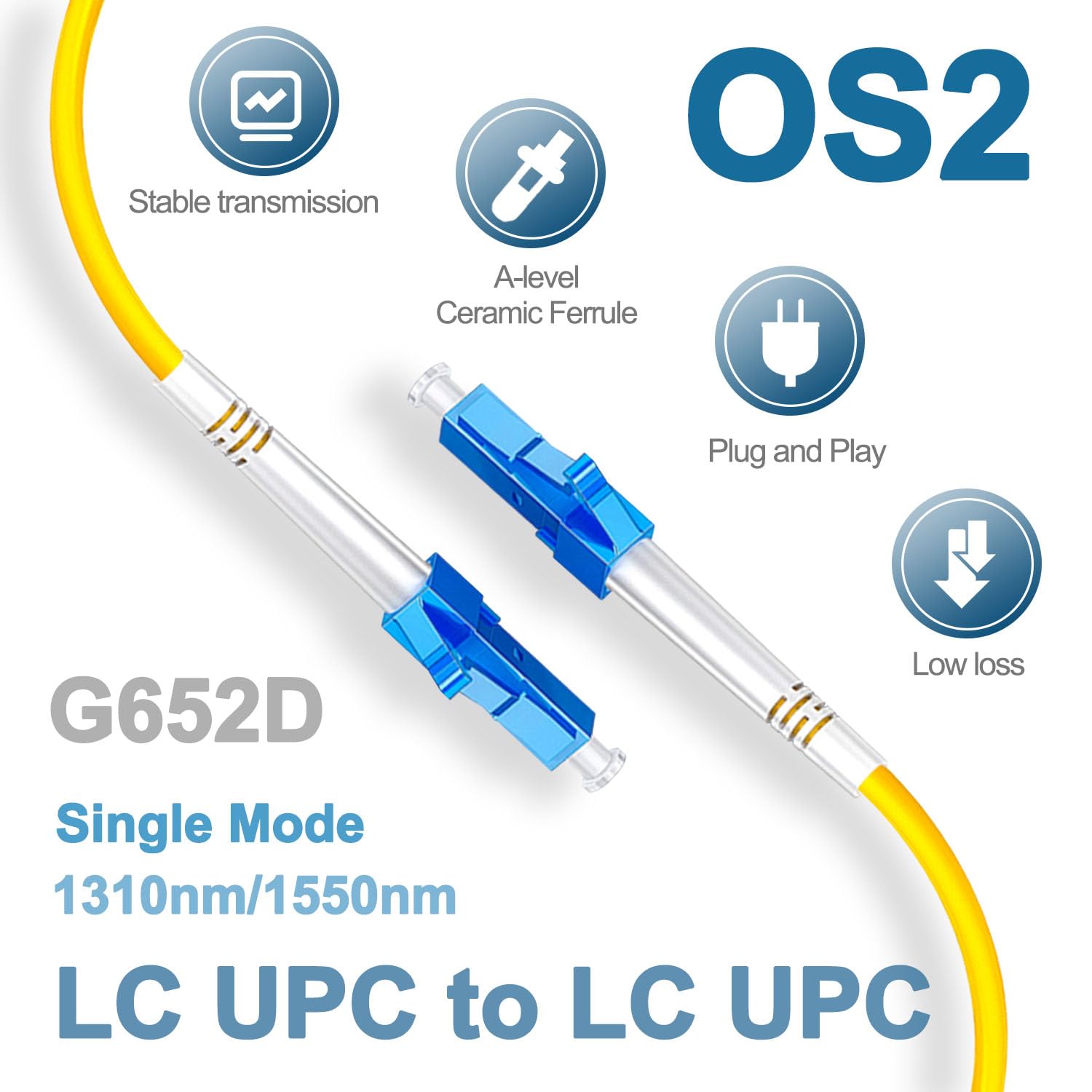 1 cable de conexión de fibra óptica de 30 metros LC UPC a LC UPC, cable de fibra de modo único simplex OS2 G652D 9/125μm, 1310nm/1550nm LSZH 3.0mm
