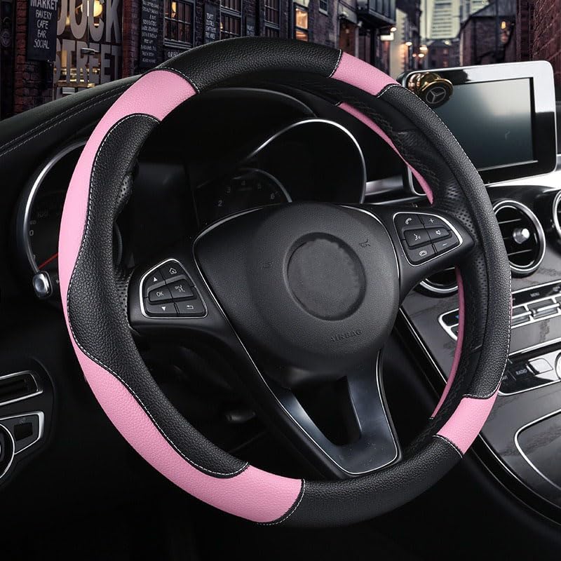Istn Men's Sport Style Contrast Color Non-Slip Sweat Good Breathable PU Leatherette 15 inch Car Steering Wheel Cover Pink