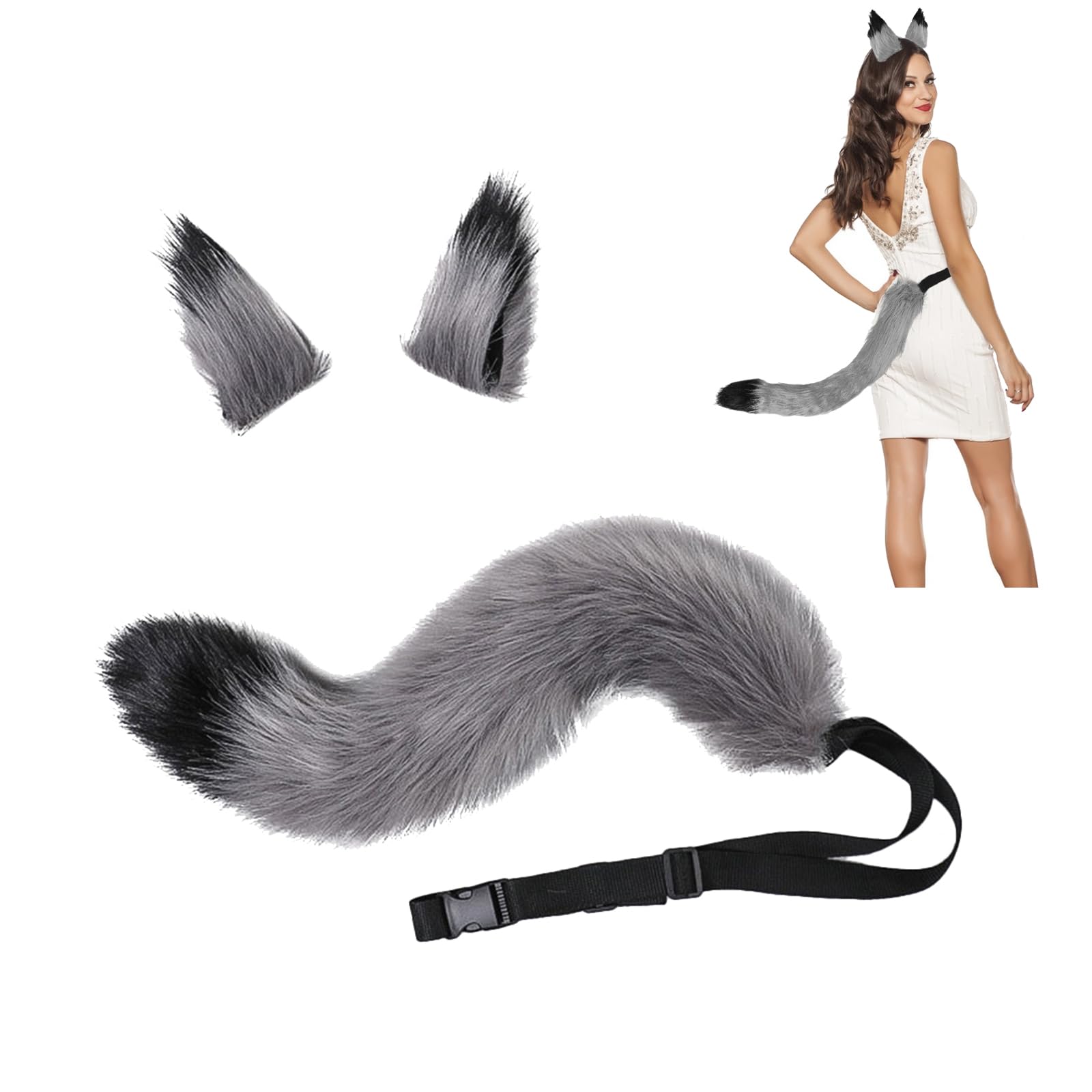 XGOPTS Faux Fur Shining Fox Cat Cosplay Costume Set Wolf Cat Ears Hair Clip and Animal Tail Kit Colorful Furry Fox Wolf Hair Hoop Long Tail Kit Animal Dress Up Fancy Dress Halloween Party Costume — image 1
