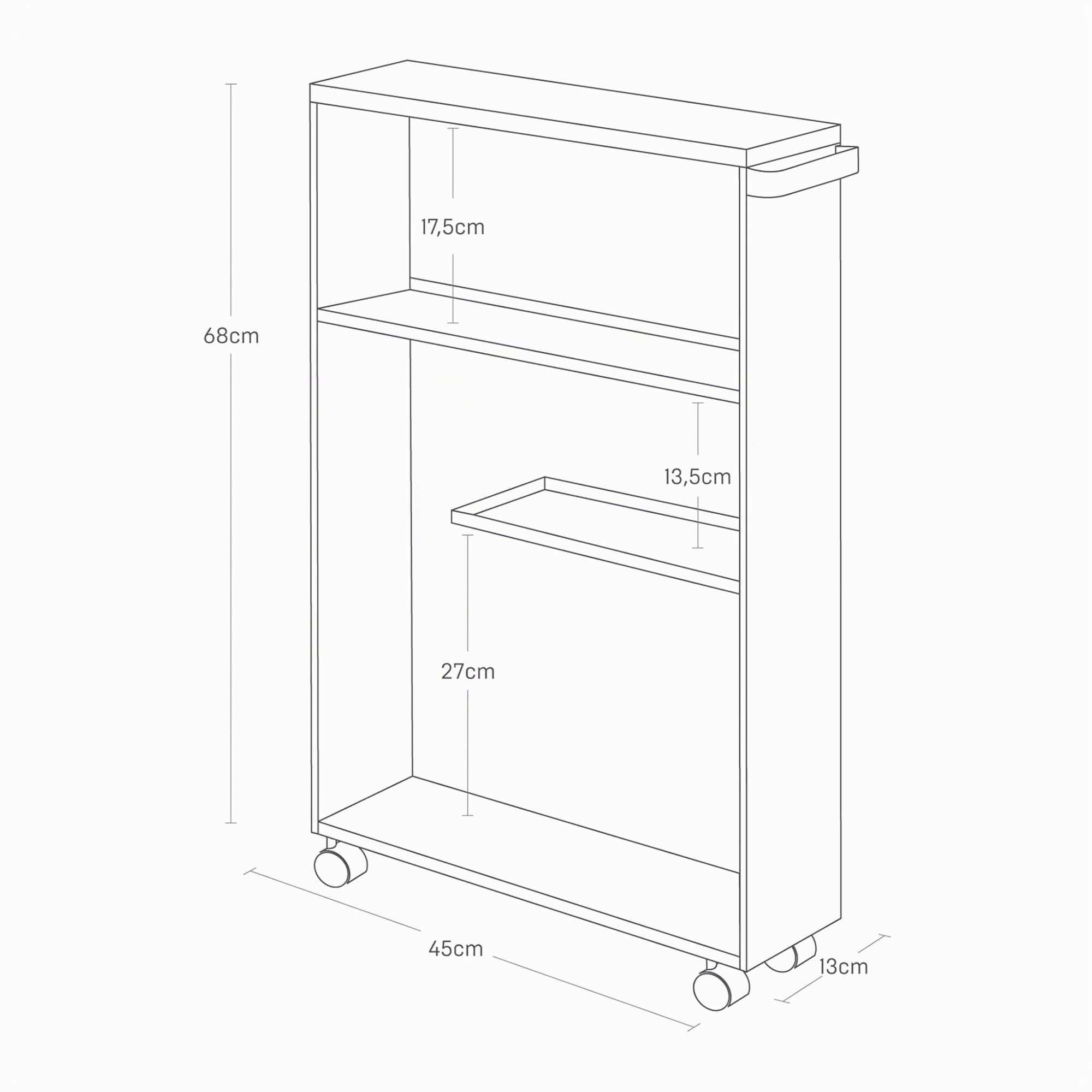YAMAZAKI Tower Chariot de Rangement et Semi-fermée, en Acier - avec roulettes et poignée, Plateau en Bois, 3 Niveaux, Rangement Discret, Salle de Bain - 47,5 x 13 x 68 cm, Design Japonais, Blanc