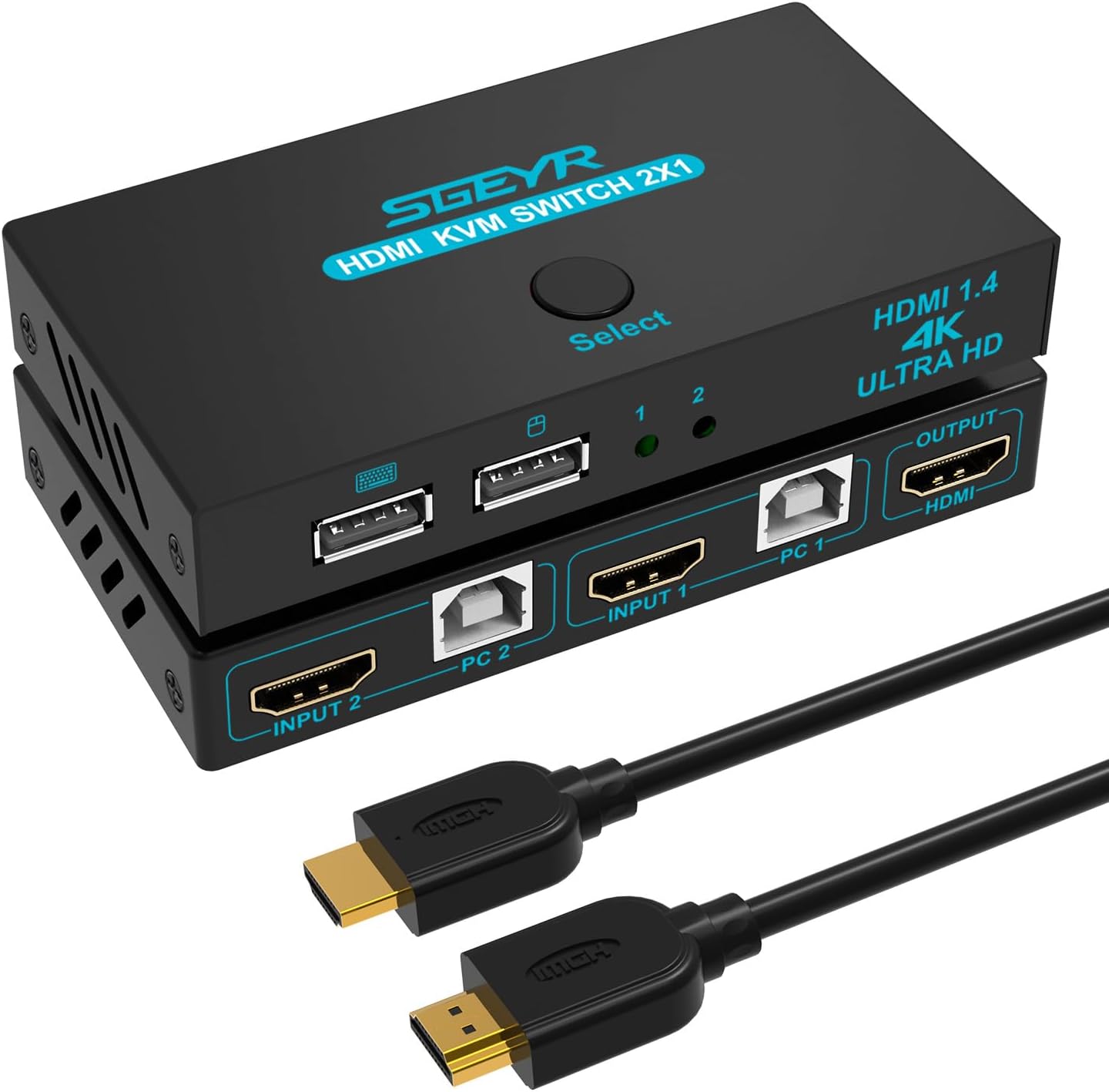 KVM Switch, SGEYR KVM Switch HDMI,USB Switch for 2 Computers Sharing Mouse Keyboard Printer to One HD Monitor, Support 4K@30Hz,1 HDMI Cables and 2 USB Cables Included