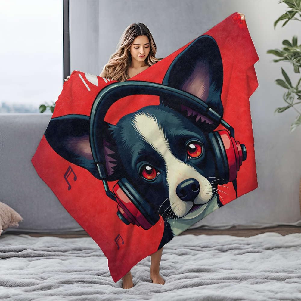 Couverture en flanelle lit motif chien casque musique pour canapé