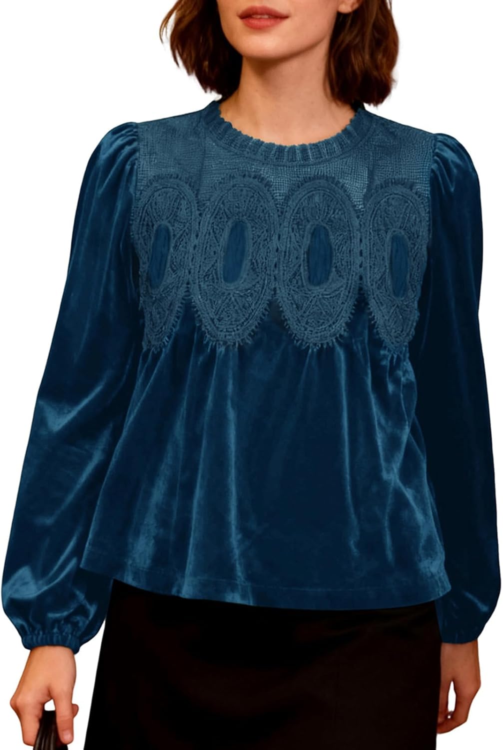 Women's Long Sleeve Velvet Tops Lace Trim Elegant Flared Swing Babydoll Blouses Shirts - Image 6