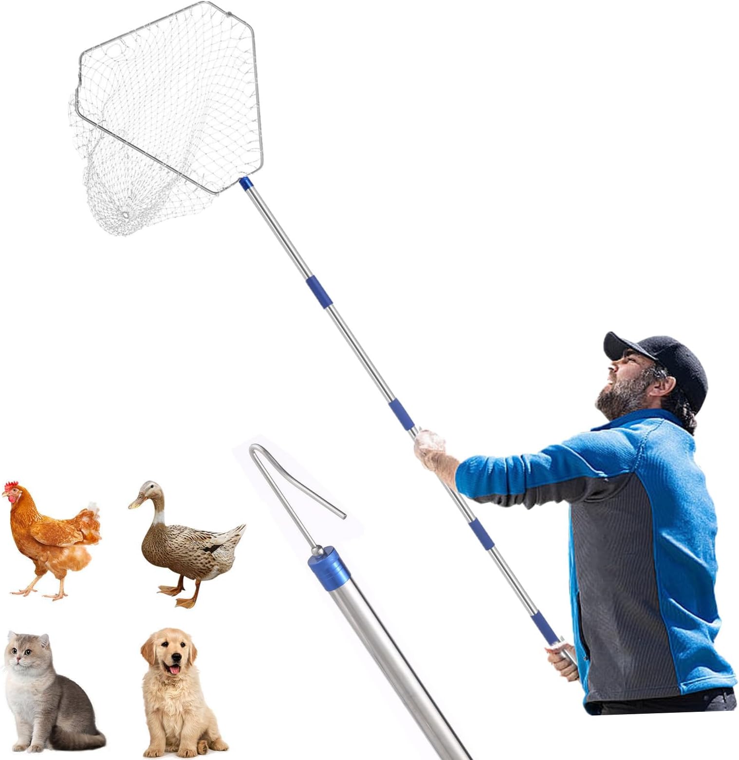 Chicken Catching Net ,Chicken Catcher Leg Hook , Extendable from 33" to 75.5" Made of Stainless Steel TubeSuitable for Catching Small Duck,Goose,Bird, Skunk Bat and Fishnet etc