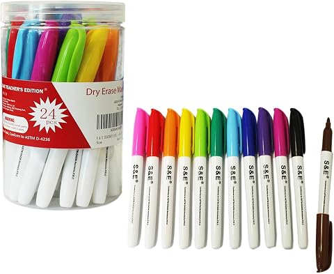 S & E TEACHER'S EDITION Dry Erase Markers, 12 Assorted Colors, 24 Pcs | Low-Odor Ink, Fine Tips, For School, Office, Home