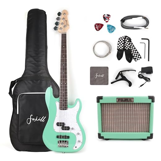 Fojill Full Size 4 Four String Electric Bass Guitar 10W Battery Power Bluetooth Amplifier Amp Beginner Starter Kit Set Combo Bundle Accessory Bag,Strap,Picks,Capo,Cable,Strings(Green)
