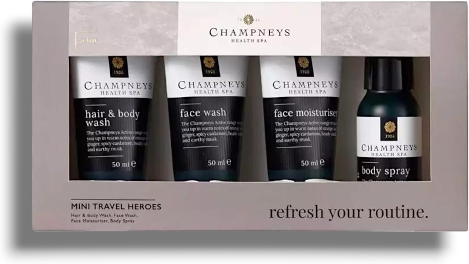 Champney - Mini Travel Heroes Set | Hair & Body Wash, Face Wash, Face Moisturiser & Body Spray | With Warm Notes of Orange and Ginger, Spicy Cardamom, Vanilla and Earthy Musk | 50mL Each-Imperfect Box