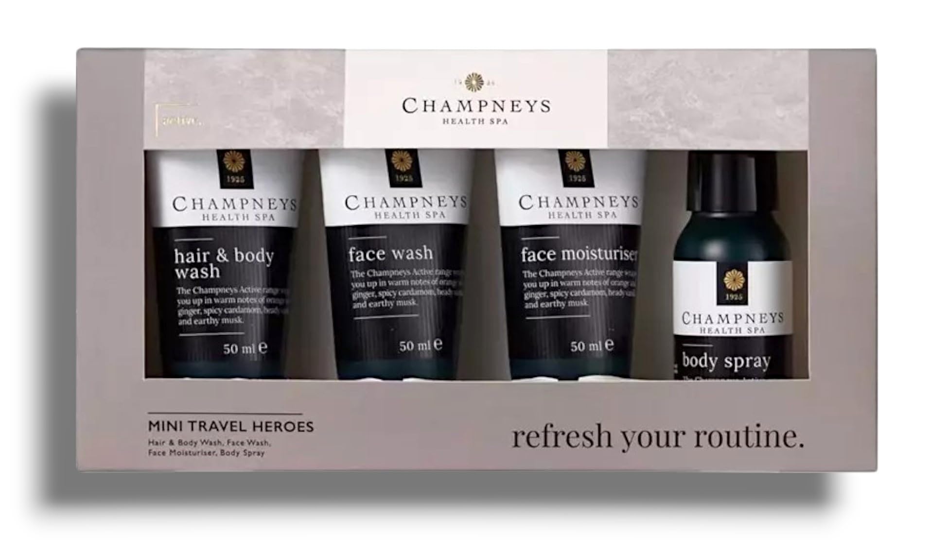Champney - Mini Travel Heroes Set | Hair & Body Wash, Face Wash, Face Moisturiser & Body Spray | With Warm Notes of Orange and Ginger, Spicy Cardamom, Vanilla and Earthy Musk | 50mL Each-Imperfect Box