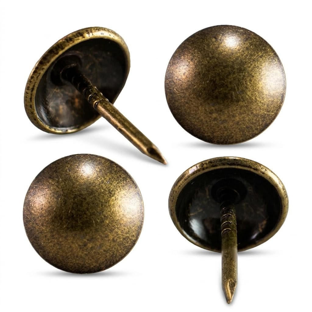 Upholstery Tacks for Furniture, Vintage Upholstery Nails, 100Pcs, ∅7/16" x 1/2", Antique Brass, French Natural