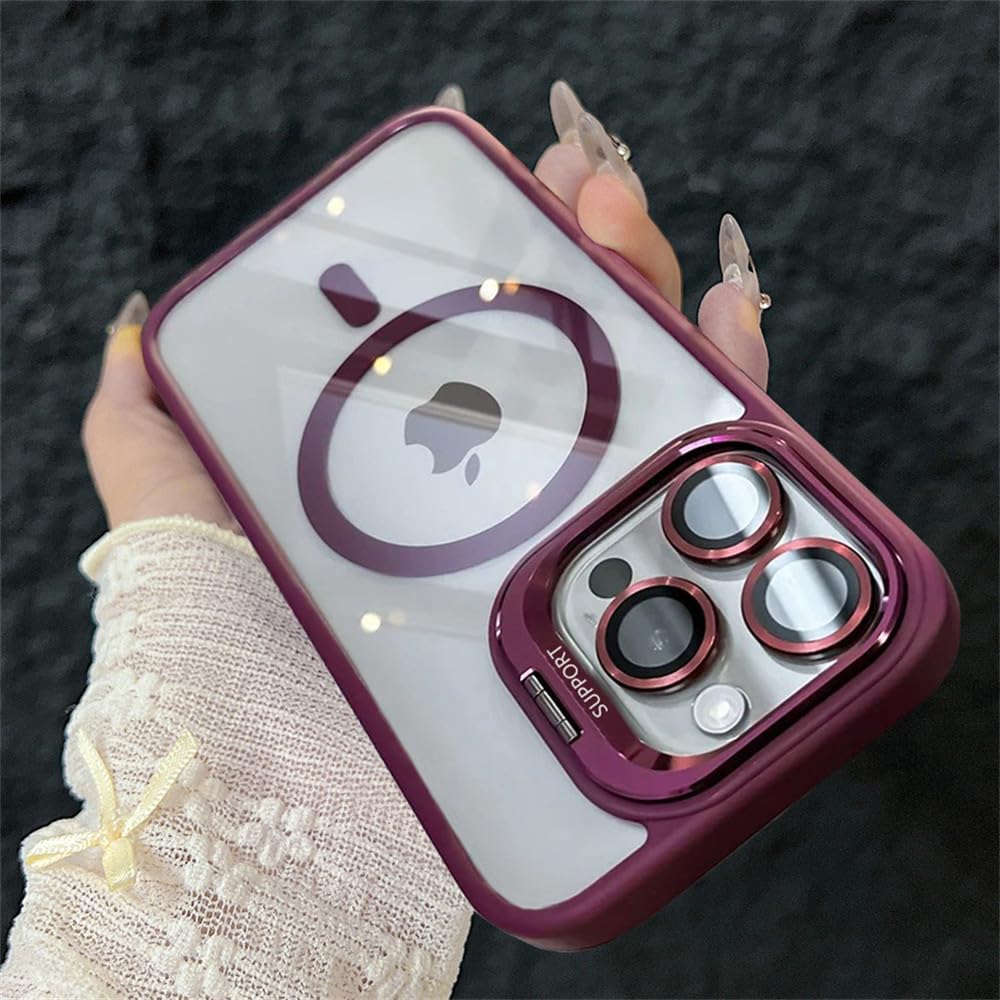 Magnetyczne etui odporne na wstrząsy do iPhone'a 17 16 15 14 Plus 13 12 11 Pro Max, podstawka Funda, szklana osłona obiektywu, kolor śliwkowy, do iPhone'a 14 Pro