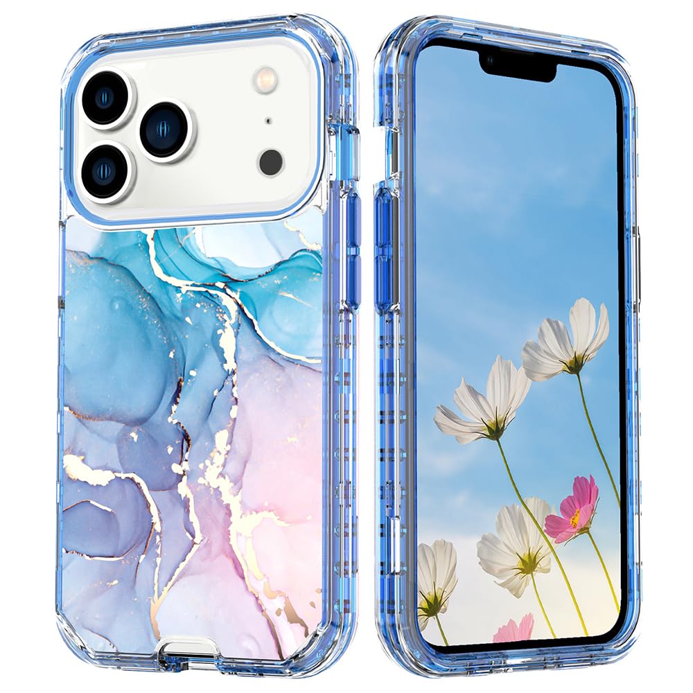 MuZiF iPhone 17 Pro Max 用 ケース 米軍規格の保護 硬い大理風背面 かわいい 耐衝撃構造 全面保護 黄変防止 擦り傷防止 スマホケース アイフォン17 Pro Max用 カバー（iPhone 17 Pro Max用,ブルー）