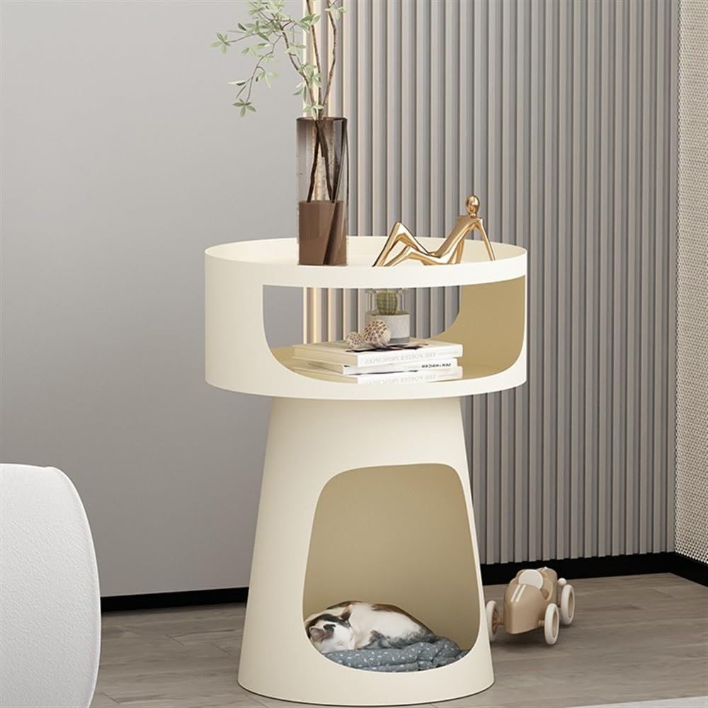 tavolo da soggiorno Tavolino rotondo creativo in metallo, tavolino da caffè a doppio strato, tavolino da divano for balcone, comodino for camera da letto, cuccia for gatti Piccolo Tavolino(Bianco)