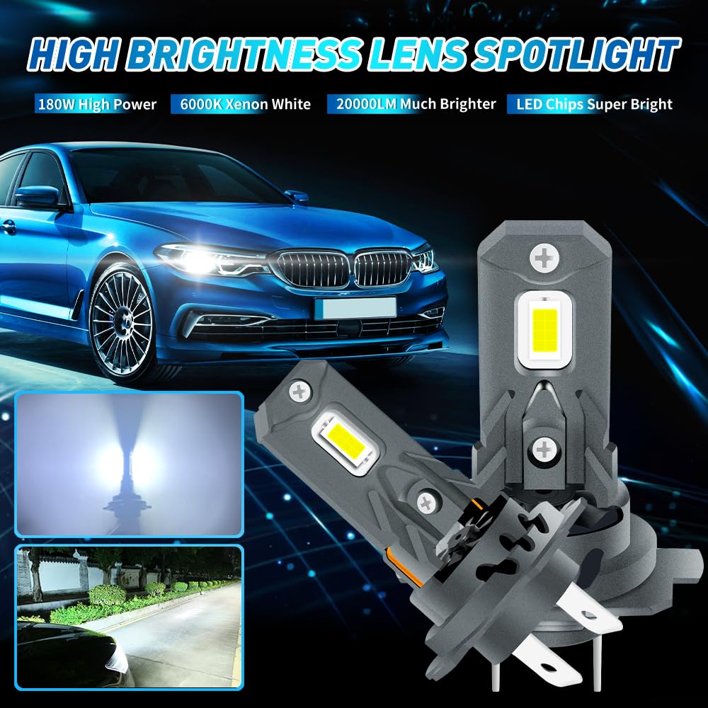 Ampoule H7 LED 180W 20000LM 6000K Xenon Blanc 1:1 Mini Taille Ampoule de Phare Extérieur de Voiture Canbus Sans Erreur avec Ventilateur Super Lumineux IP68 Etanche à l'eau Plug and Play 12V 2Pcs